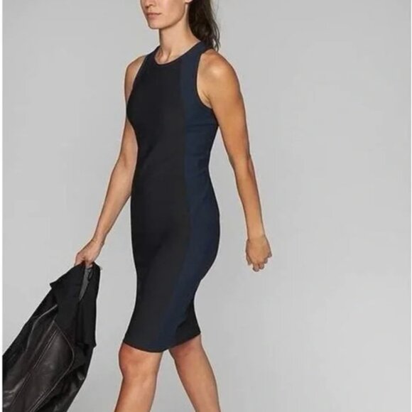 Athleta Stellar En Route Scuba Bodycon Navy Blue & Black Dress Fitted Stretch XS - Picture 2 of 13